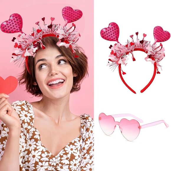 Accessories - Valentines Heart Headband and Heart Sunglasses, Pink Heart Headband Sparkly Hear